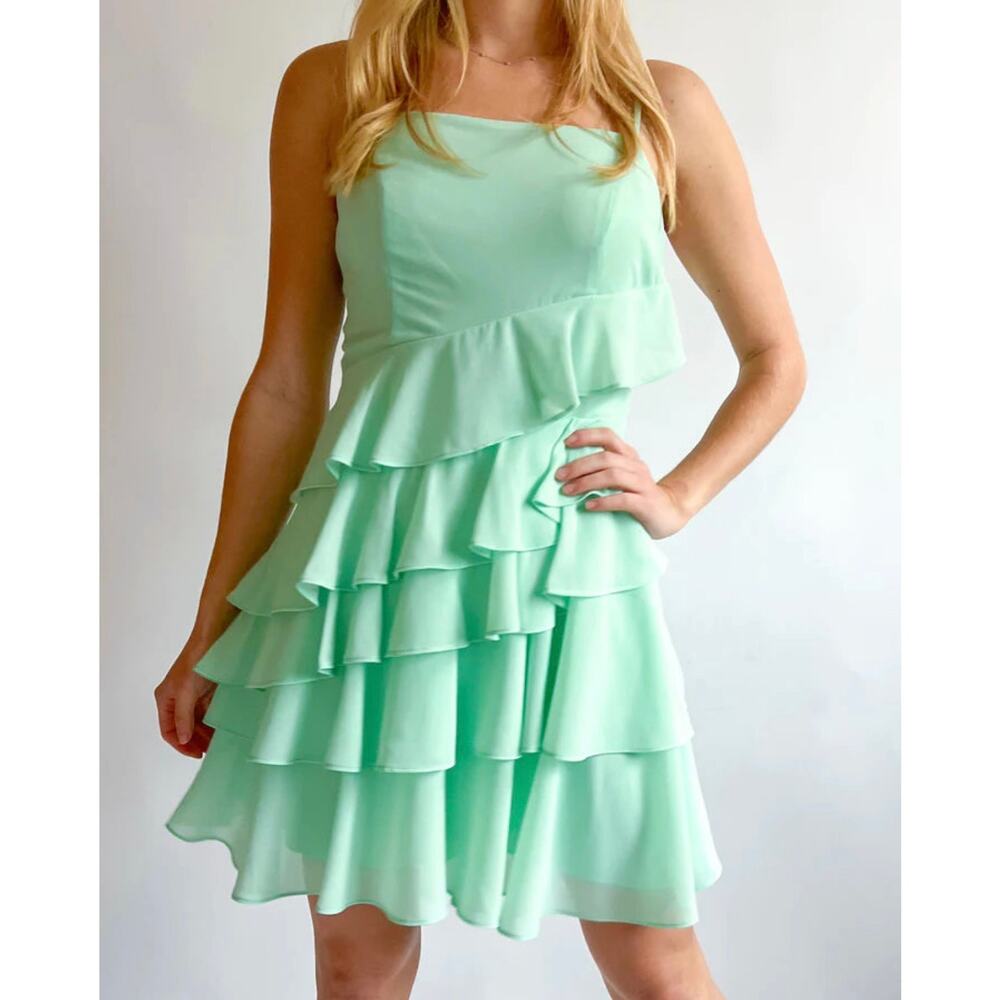 LAVENDER BROWN Aaligah Mini Ruffled Spaghetti Strap Dress In Mint SZ Medium NEW